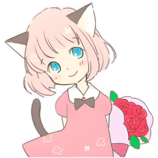 💐 สาวแมว, อนิเมะ, ดอกกุหลาบ, น่ารัก, สีชมพู, มังงะ, คาวาอิ whatsapp sticker