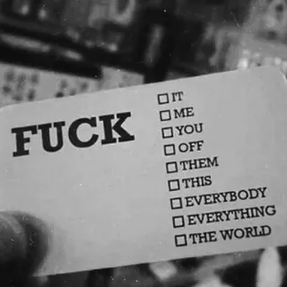 🙂 FUCK
IT
ME
YOU
OFF
THEM
THIS
EVERYBODY
EVERYTHING
THE WORLD offensive, swear word, checklist, humor, negative telegram sticker