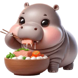 🍴 하마, 만화, 귀여운, 카와이, 동물, 음식, 먹는, 젓가락, 디지털 아트 telegram sticker