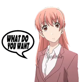 🤌 WHAT DO YOU WANT 애니메이션, 질문, 말풍선, 분홍색 머리, 여자, 만화 telegram sticker