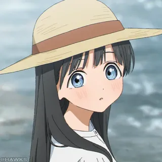 🎐 @HAWKS ragazza anime, cappello, carina, capelli neri, spiaggia, illustrazione, disegno telegram sticker