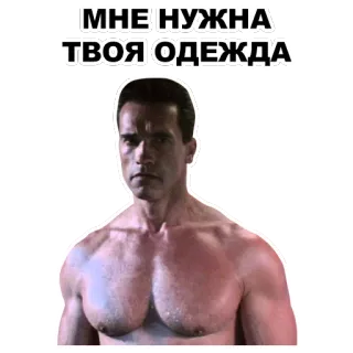 👤 Terminator МНЕ НУЖНА ТВОЯ ОДЕЖДА Arnold Schwarzenegger, Terminator, Cytat z filmu, Rosyjski, Cyborg telegram sticker