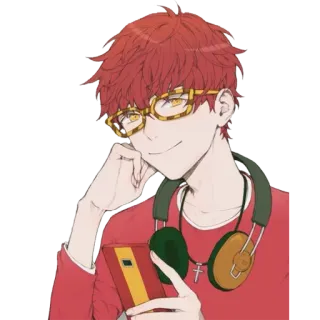 😊 anime, man, red hair, glasses, headphones, cartoon, illustration telegram sticker
