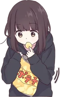🤤 ポテチ Anime, Chica, Patatas fritas, Snack, Comiendo whatsapp sticker