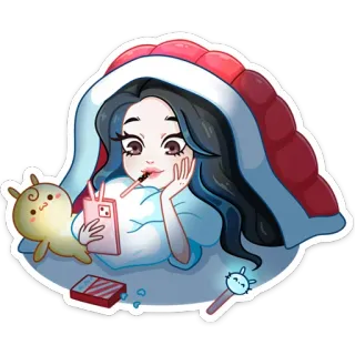 🍭 소녀, 귀여운, 만화, 침대, 졸린, 폰, 스티커 telegram sticker