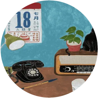 🌸 七月 Винтаж, Ретро, Календарь, Стол, Черный Кот telegram sticker