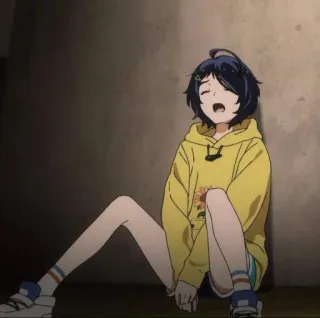 🍣 anime, girl, sitting, sad, yellow hoodie, sunflower, tired telegram sticker