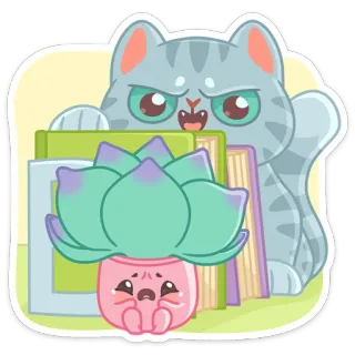 😼 кот, суккулент, книги, наклейка, милый, каваий whatsapp sticker