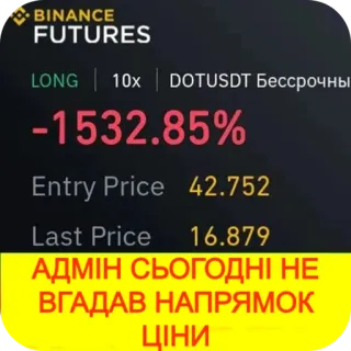 🖼 Binance BINANCE FUTURES LONG 10x DOTUSDT Бессрочны -1532.85% Entry Price 42.752 Last Price 16.879 АДМІН СЬОГОДНІ НЕ ВГАДАВ НАПРЯМОК ЦІНИ telegram sticker