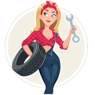 👩 Pin-up, Mecânico, Mulher, Pneu, Chave inglesa, Macacão, Loira, Desenho animado telegram sticker