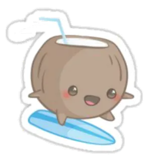 🏄 coconut, surfing, kawaii, cartoon, beach, tropical, cute telegram sticker