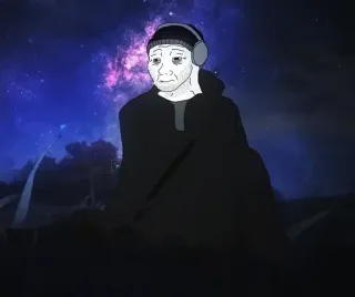 😔 Wojak doomer, lonely, sad, meme, headphones, galaxy telegram sticker