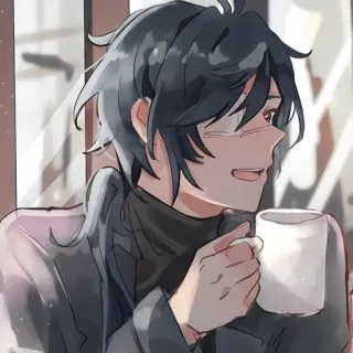 🌟 Anime, Caffè, Occhiali, Capelli neri, Sorriso telegram sticker