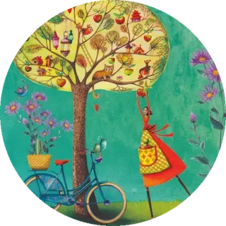 🌳 Baum, Fahrrad, Äpfel, Eule, Frau, Blumen telegram sticker