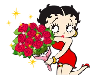💐 Betty Boop 만화, 베티 붑, 장미, 꽃다발, 빨간 드레스 telegram sticker