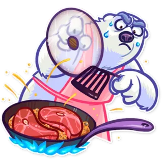 👨 cocina, oso polar, carne, sartén, enojado, chef whatsapp sticker