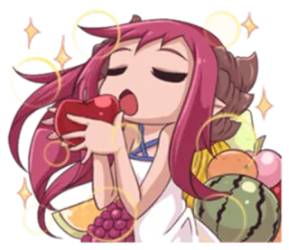 😚 อนิเมะ, ผู้หญิง, กิน, ผลไม้, น่ารัก, ผมแดง, ปีศาจ, ภาพประกอบ telegram sticker