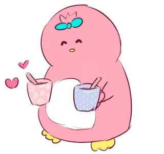 ☕️ penguin, cute, cartoon, coffee, hearts, pink telegram sticker