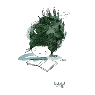📔 lecture, livre, rêveur, fille, lune, forêt whatsapp sticker