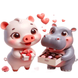 😍 Happy hipopótamo, cerdo, san valentín, amor, animales, lindo, chocolate telegram sticker