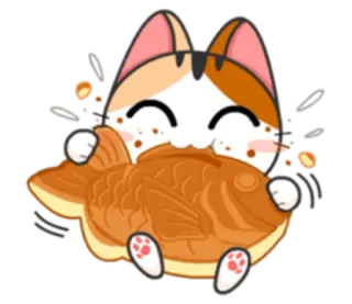 😄 고양이, 동물, 카와이, 귀여운, 붕어빵, 물고기, 음식 telegram sticker
