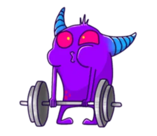 🏋 Monster, Gewichtheben, Lila, Cartoon, Stärke, Hörner whatsapp sticker