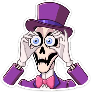 😳 骸骨, ハロウィン, 面白い, 目, シルクハット, 漫画, 紫 telegram sticker