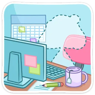👀 scrivania, computer, ufficio, calendario, tè, spazio di lavoro, tazza, cancelleria telegram sticker