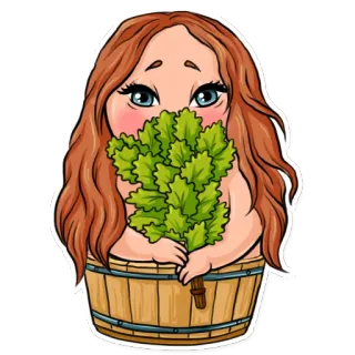 😳 женщина, сауна, баня, березовые ветки, деревянная купель, рыжие волосы, мультфильм, наклейка whatsapp sticker
