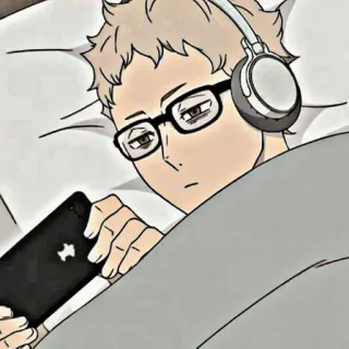 😑 anime, man, headphones, glasses, phone, bed, sleepy telegram sticker