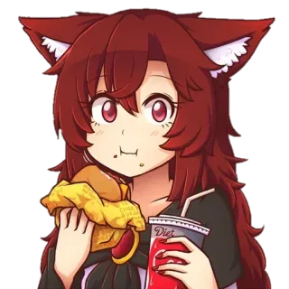🍔 CHICKEN BURGER anime meisje, burger, light frisdrank, rood haar, schattig, kattenoren, eten telegram sticker