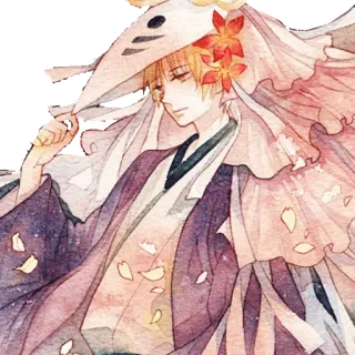😌 Anime, Mâle, Aquarelle, Chapeau, Masque, Vêtement traditionnel telegram sticker