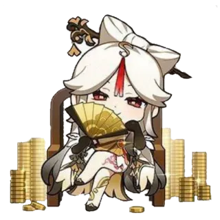 😇 Ningguang Genshin Impact อนิเมะ, Genshin Impact, ตัวละคร, หนิงกวง, แฟน, ทอง, เหรียญ, ความมั่งคั่ง, เก้าอี้ telegram sticker