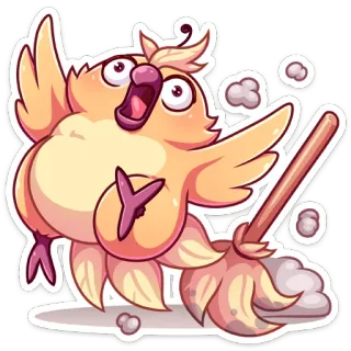 😬 pássaro, desenho animado, limpeza, fofo, mop, poeira telegram sticker