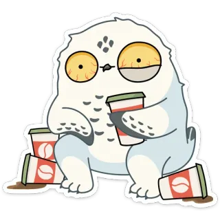 ☕️ coruja, café, cansado, desenho animado, exaustão, engraçado, fofo, adesivo telegram sticker