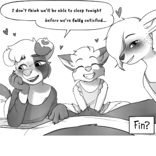 🥵 I don't think we'll be able to sleep tonight before we're fully satisfied... Fin? furry, anthropomorphic, flirtatious, cartoon, webcomic, dialogue whatsapp sticker