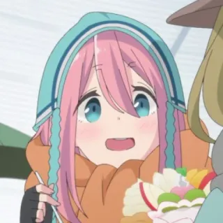 🥰 Nadeshiko Kagamihara Yuru Camp Anime, Niedlich, Mädchen, Pinke Haare, Camping, Fröhlich, Draußen telegram sticker