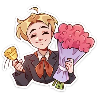 💐 мультфильм, букет, цветы, человек, колокольчик, костюм, счастливый, улыбающийся telegram sticker