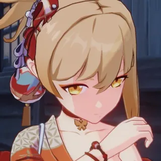 🤔 Yoimiya Genshin Impact Anime, Videojuego, Personaje, Chica, Pelo rubio, Ojos rojos, Yoimiya, Genshin Impact telegram sticker