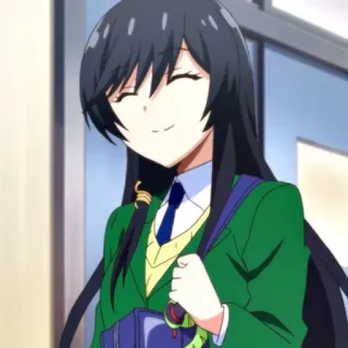🍀 anime, schooluniform, glimlachend, zwart haar, groene blazer telegram sticker