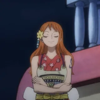 😌 Nami One Piece 动漫, 海盗, 橘色头发, 花, 微笑 telegram sticker