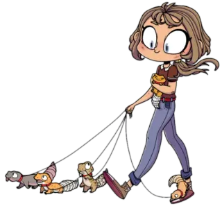 😊 Cartoon, Mädchen, Echsen, Haustiere, Tiere, Spaziergang telegram sticker