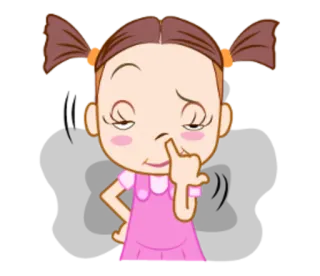 😏 dibujo animado, niña, hurgándose la nariz, vestido rosa, ilustración telegram sticker