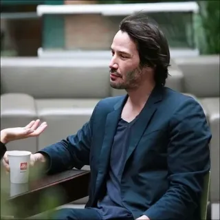 😐 Keanu Reeves Keanu Reeves, Schauspieler, Promi, Filmstar, Mann, Sitzend, Anzug telegram sticker