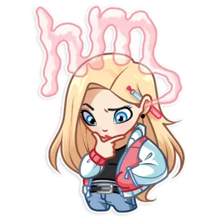 🤔 hmm berpikir, pirang, kartun, gadis, ragu, bingung telegram sticker