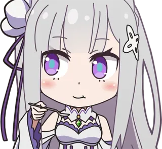 🤨 Emilia Re:Zero anime, chibi, cute, eating, spoon, purple eyes telegram sticker