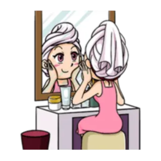 💄 cartoon, girl, mirror, towel, makeup, beauty, skin care telegram sticker