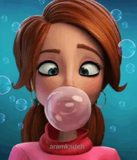 ✖️ aramkadeh wanita, gelembung, rambut merah, kartun, meniup gelembung, animasi telegram sticker