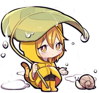 ☔ 애니메이션, 치비, 비, 잎, 귀여운, 달팽이, 노란색, 우비 telegram sticker
