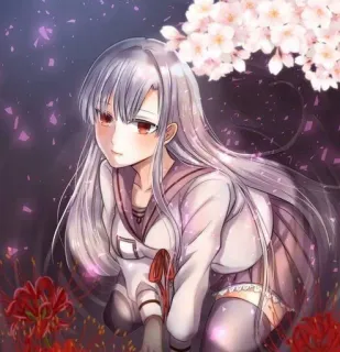 💜 Аниме, Девушка, Белые волосы, Красные глаза, Школьная форма, Цветы сакуры telegram sticker